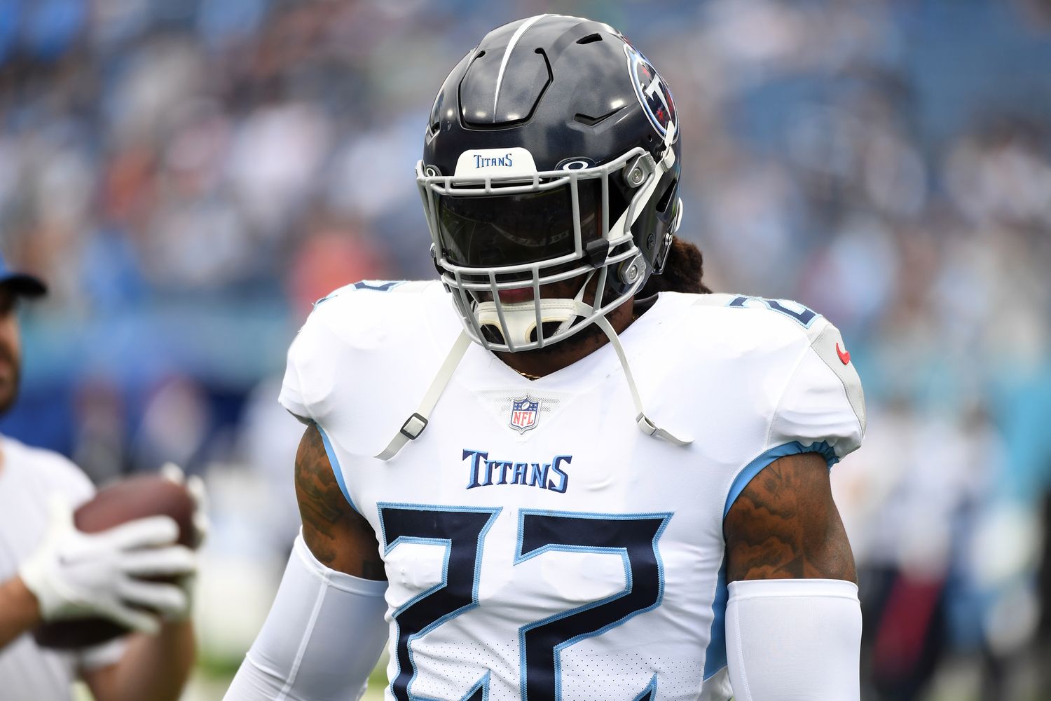 Sep 17, 2023; Nashville, Tennessee, USA; Tennessee Titans running back Derrick Henry (22) warms up before the game against the Los Angeles Chargers at Nissan Stadium. Mandatory Credit: Christopher Hanewinckel-USA TODAY Sports  